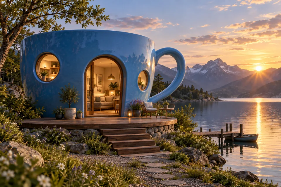 A giant blue teacup serving as a tiny modern house beside a lake, playful architectural visualization