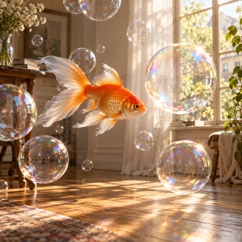 A goldfish swimming through floating translucent soap bubbles in a sunlit room, poetic surreal scene