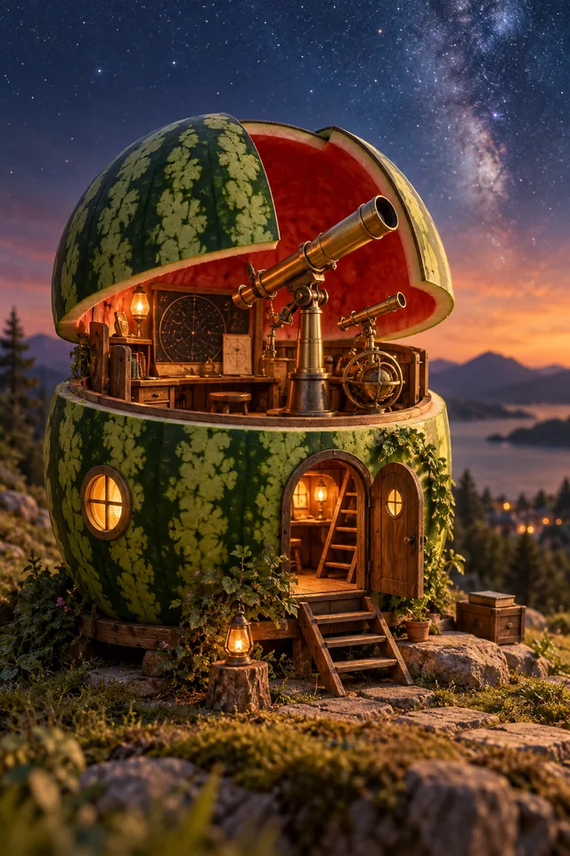 A watermelon transformed into a compact observatory with tiny brass telescopes, whimsical crafted model