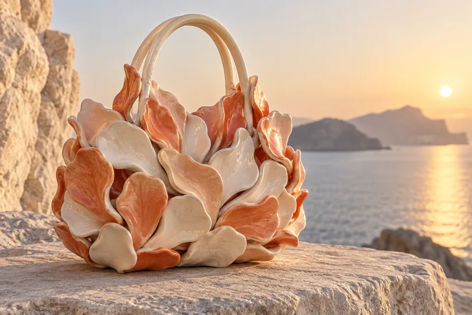 A sculptural coral handbag made from interlocking ceramic petals, avant-garde product editorial