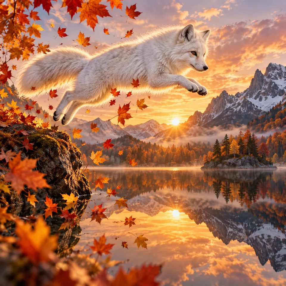 A white fox leaping through airborne autumn leaves above a mirrored lake, magical natural scene