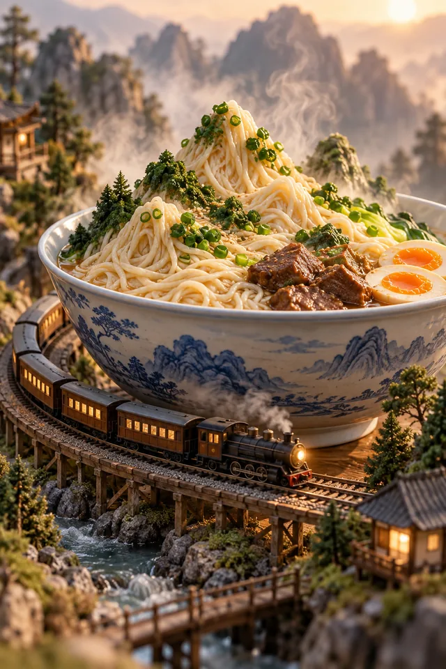 A miniature train circling a porcelain bowl of mountainous noodles, charming macro scene