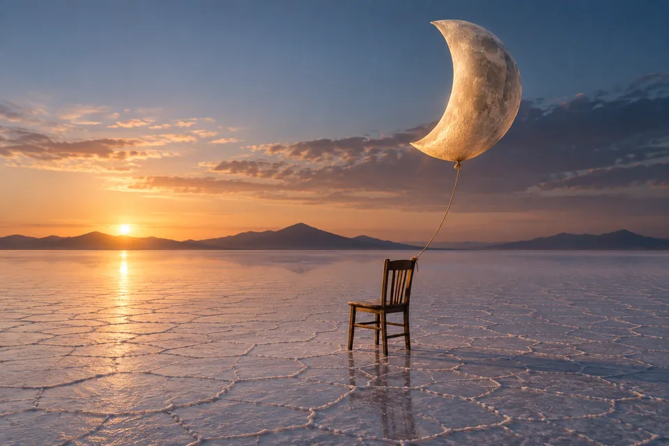 A moon-shaped balloon tethered to a lone wooden chair in a vast salt flat, quiet surreal photograph