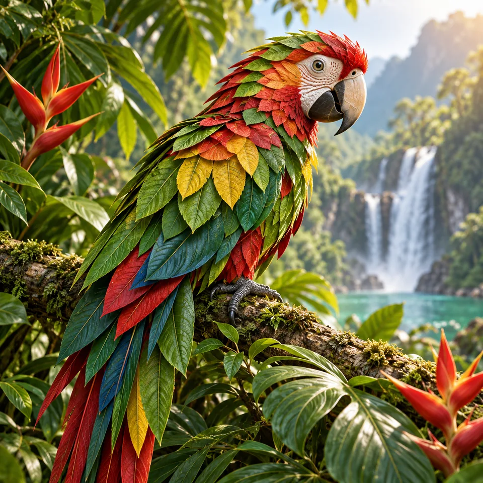 A vibrant parrot formed entirely from layered tropical leaves, detailed botanical art
