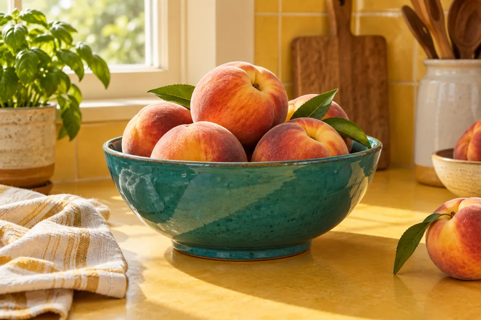 A teal ceramic fruit bowl filled with peaches on a warm yellow kitchen counter, approachable product styling