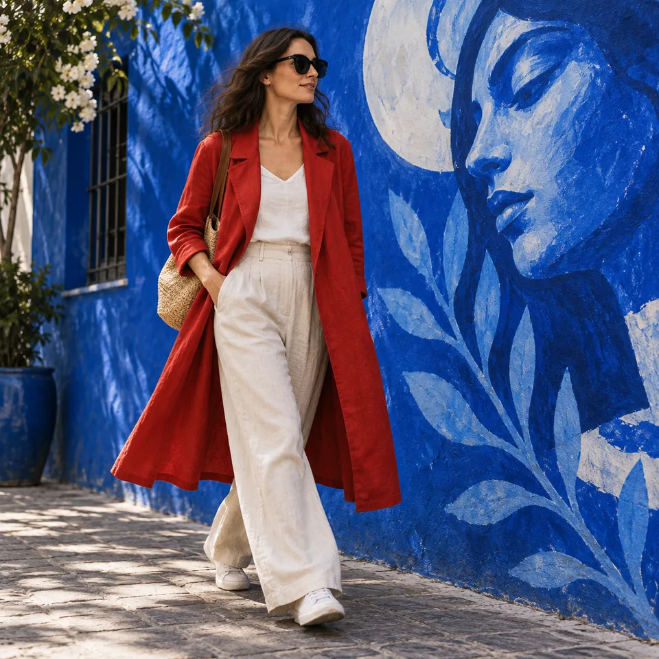 An adult woman in a red linen coat walking past a cobalt mural, natural street fashion editorial