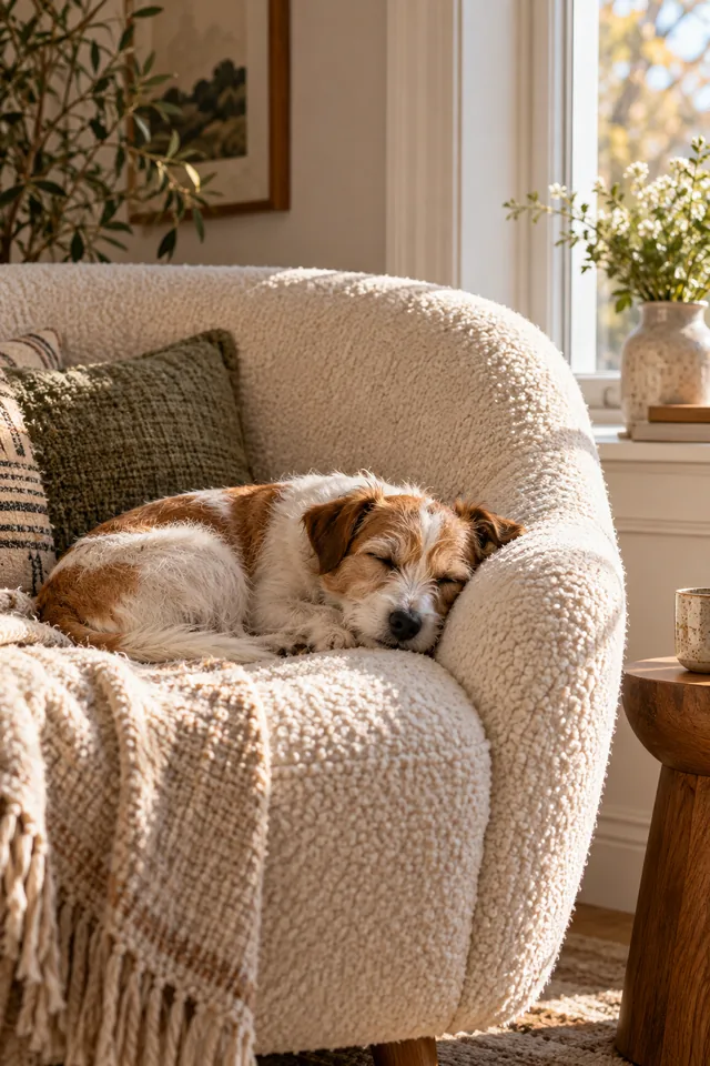 A small rescue dog asleep on a cream boucle chair beside a window, warm cozy lifestyle photo