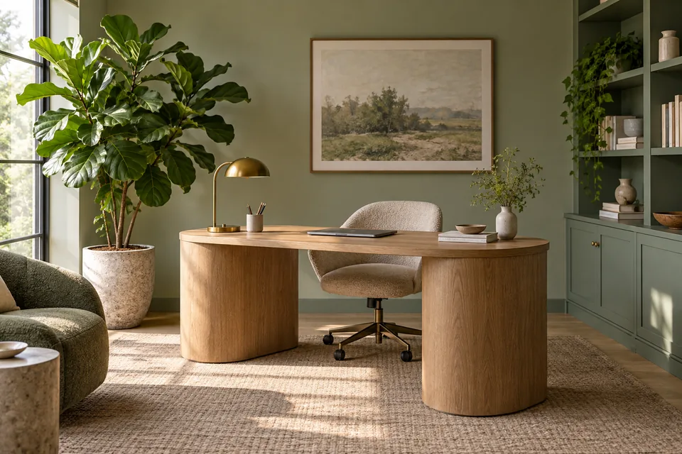 A minimal home office with sage walls, curved oak desk and a large leafy plant, inviting interior photography