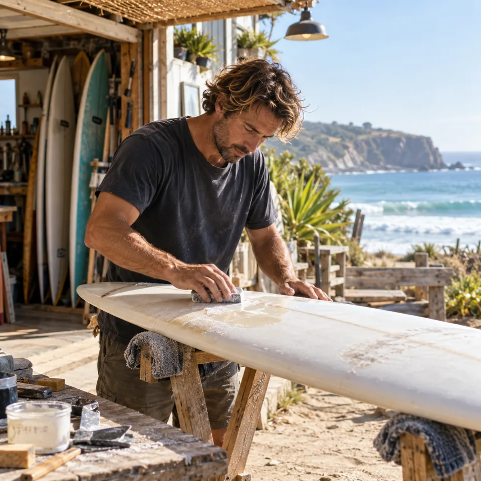 An adult surfer repairing a board outside a bright coastal workshop, authentic lifestyle documentary