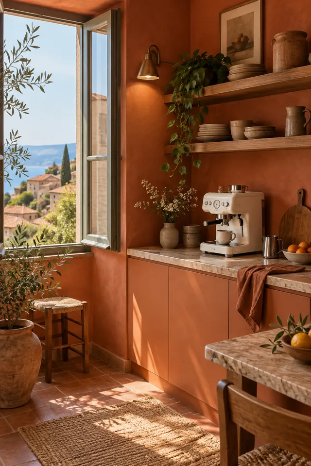 A white espresso machine in a tiny terracotta-colored kitchen with an open window, design magazine photography