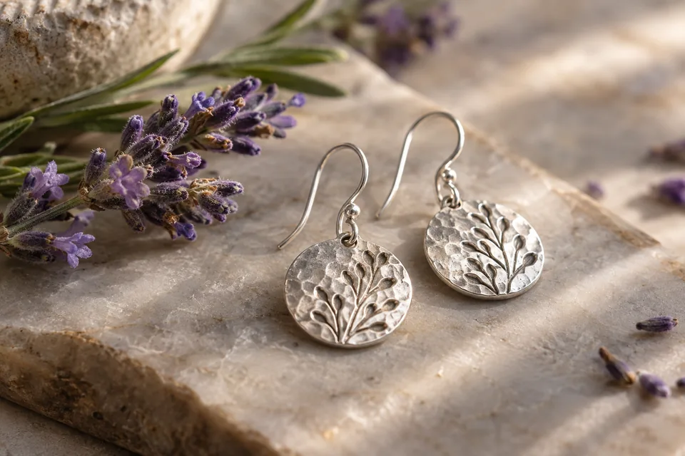 An intimate close-up of handmade silver earrings beside a lavender flower, softly lit product image