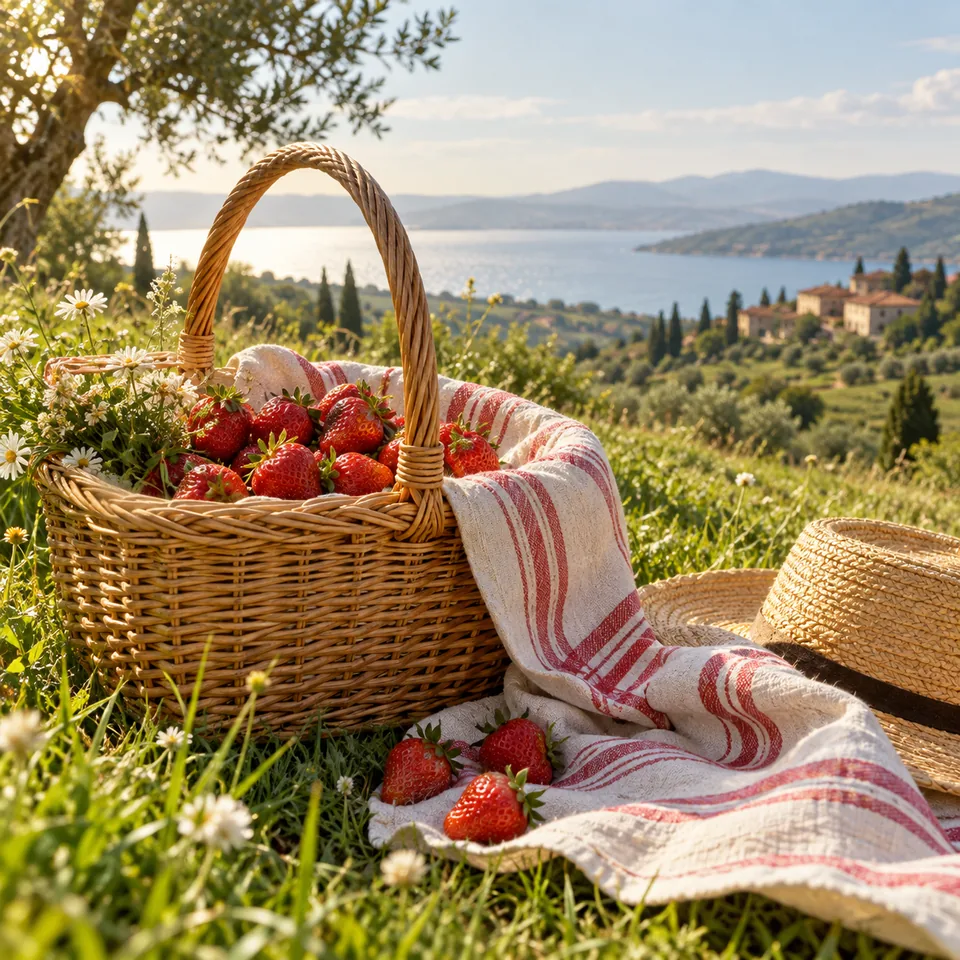 A wicker picnic basket with strawberries and striped linen on a grassy hill, effortless summer editorial