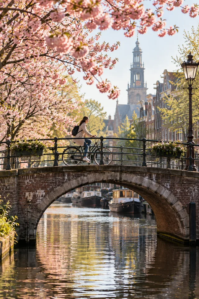 A commuter cycling over a canal bridge beneath spring blossoms, candid morning city scene