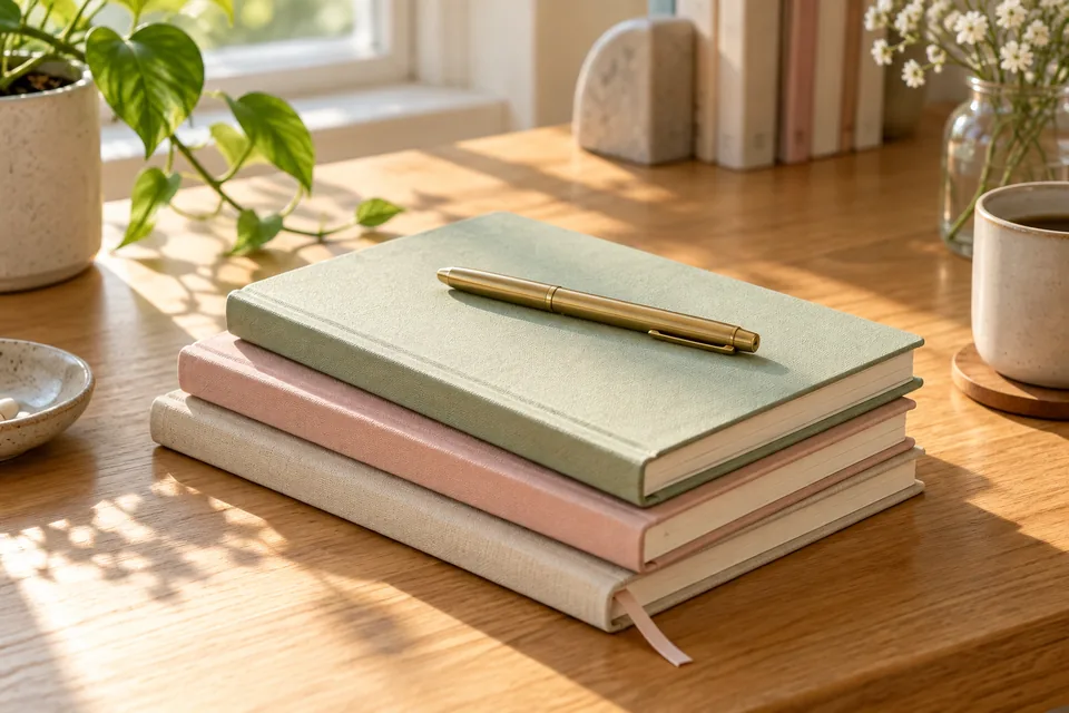 A stack of pastel notebooks and a brass pen on a sunlit wooden desk, no letters or logos