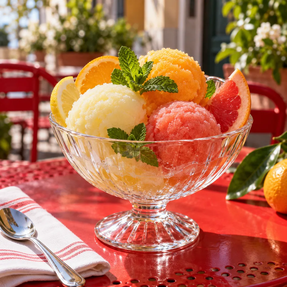 A glass bowl of citrus sorbet with mint on a red cafe table, vivid food editorial