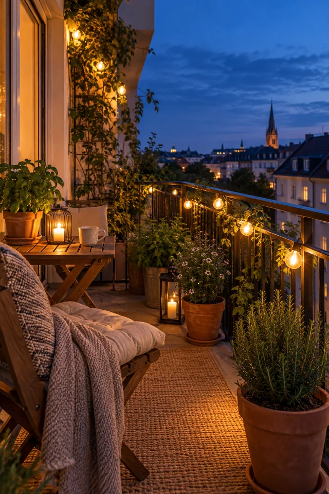 A cozy balcony at blue hour with warm string lights and potted herbs, everyday architectural photograph
