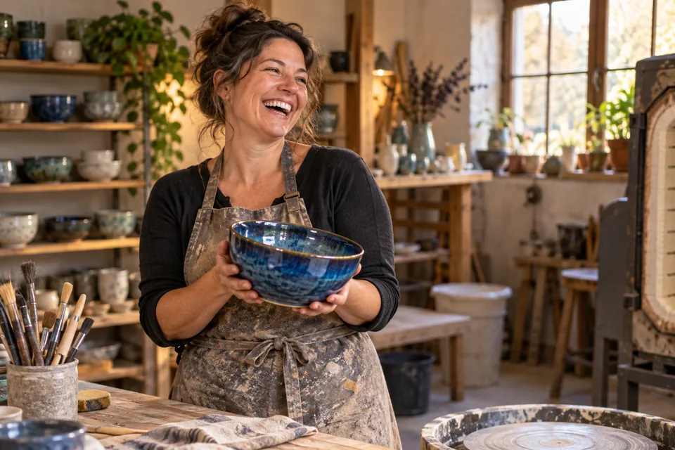 An adult ceramicist laughing while holding a freshly glazed blue bowl, warm workshop portrait