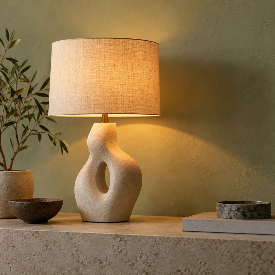 A sculptural table lamp casting an amber circle on pale sage plaster, calm contemporary product photography
