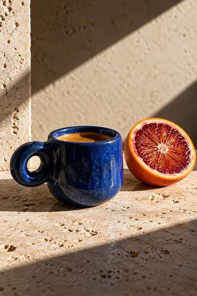 A cobalt ceramic espresso cup and sliced blood orange on pale travertine, hard afternoon light, tactile editorial still life