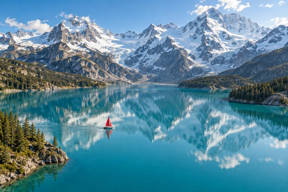 A tiny red sailboat on a glassy turquoise alpine lake beneath immense snow peaks, aerial travel photograph