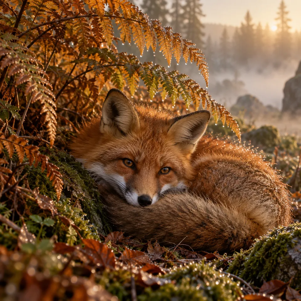 A red fox curled beneath amber ferns with morning mist and dew, intimate wildlife photograph