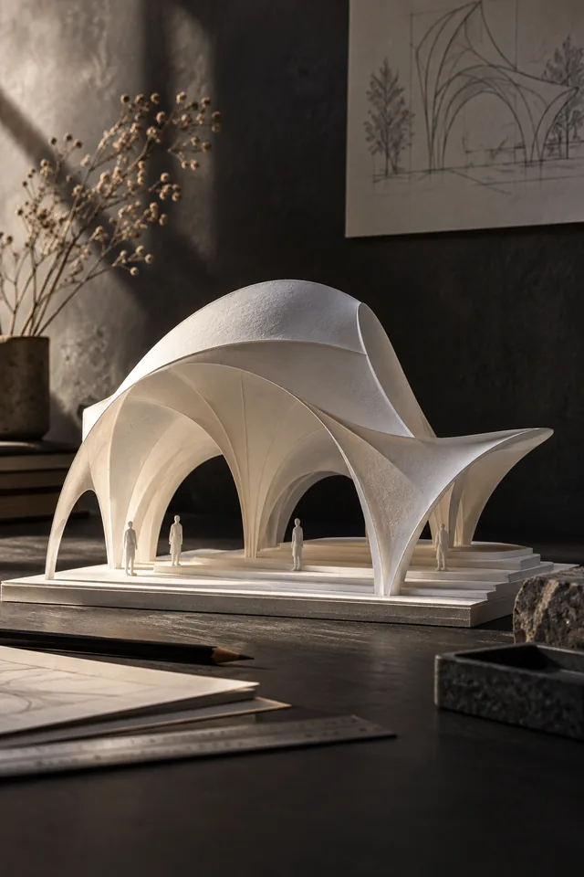 An architect's sculptural white paper pavilion on a charcoal desk, side lighting, handmade model textures