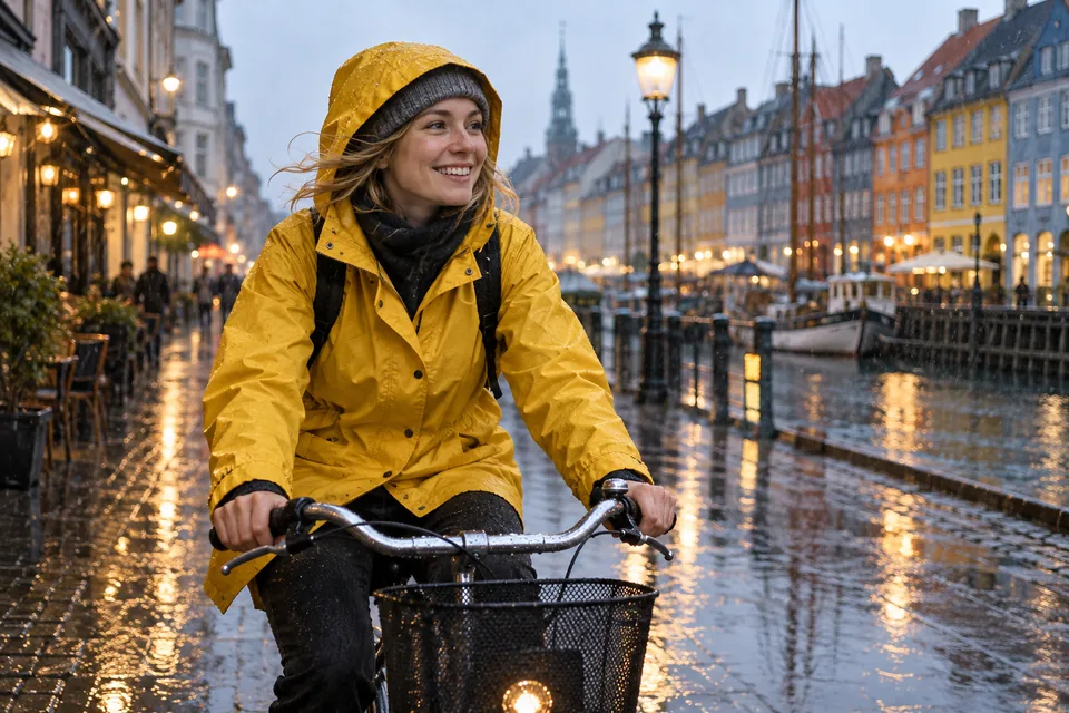 A smiling adult cyclist in a yellow raincoat on a rainy Copenhagen street, candid cinematic portrait