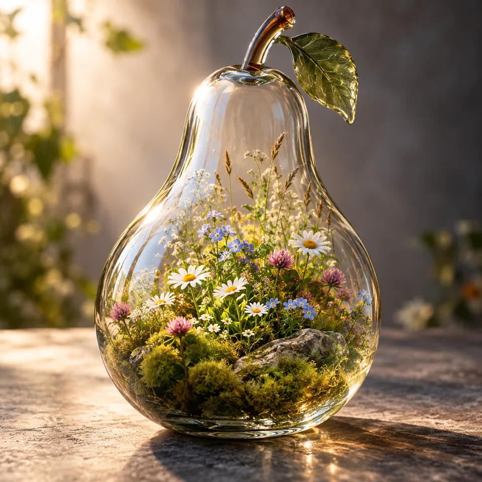 A transparent glass pear containing a miniature flowering meadow, surreal premium studio photography