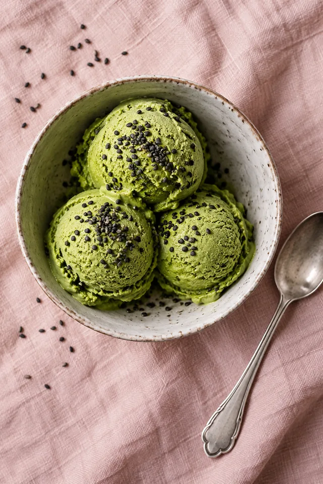 A bowl of matcha ice cream with black sesame and a silver spoon on pale pink linen, overhead food editorial