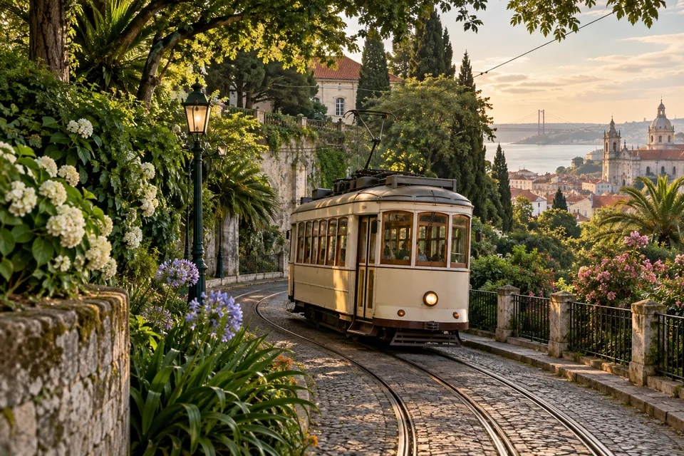 A vintage cream tram curving through a dense emerald city garden, atmospheric travel photograph