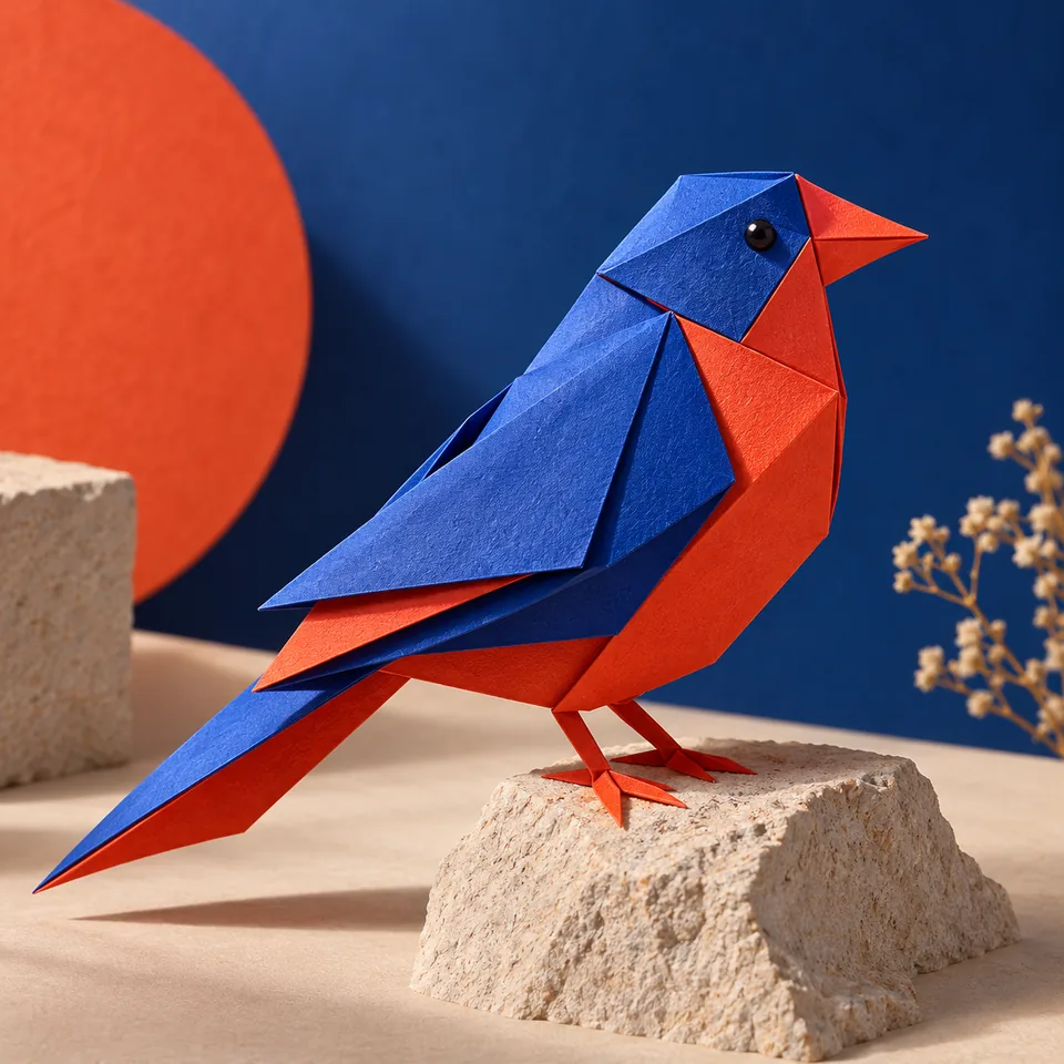 A cobalt and vermilion geometric bird made from folded paper, tactile playful studio still life