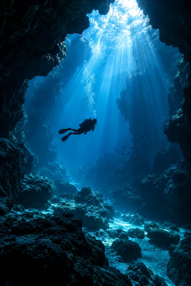 A scuba diver silhouetted under shafts of sunlight in a deep blue underwater cavern, cinematic wide view