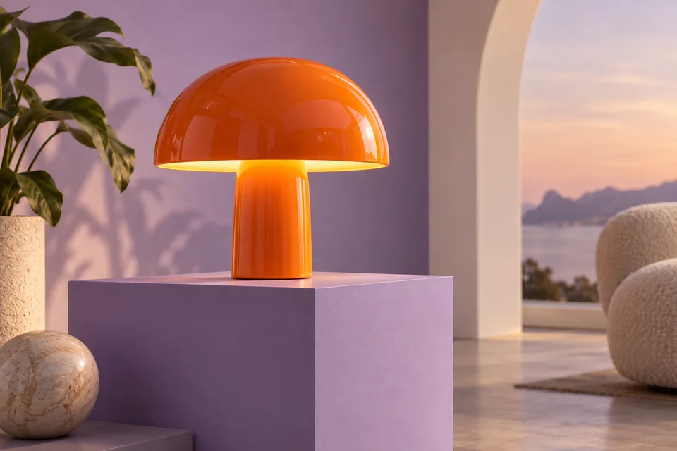 A glossy orange mushroom-shaped desk lamp on a lilac pedestal, premium industrial design editorial