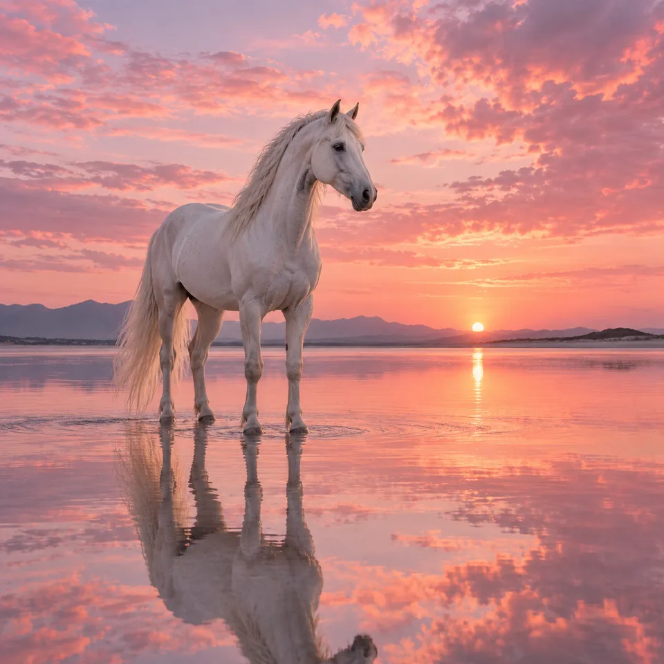 A white horse standing in a shallow mirror of water beneath pink dawn clouds, fine art photography