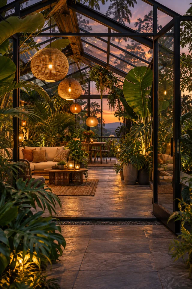 An open greenhouse at dusk full of tropical leaves and warm pendant lights, architectural photography