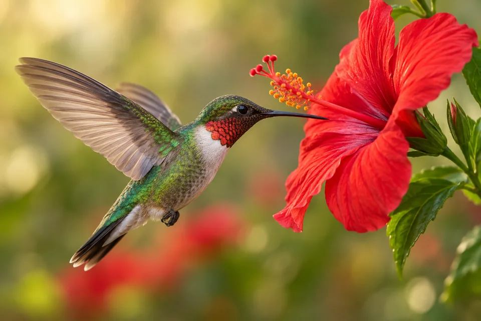 A close-up of a hummingbird hovering at a scarlet flower, precise feather detail and creamy background