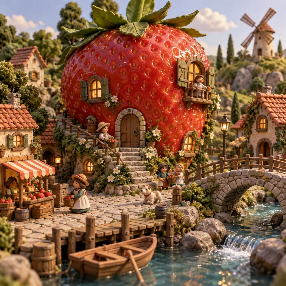 A miniature clay village built around a giant ripe strawberry, whimsical stop-motion aesthetic