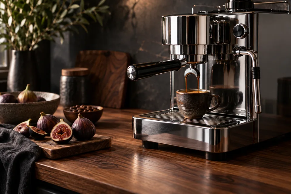 A polished chrome coffee machine beside fresh figs on a walnut counter, moody commercial photography