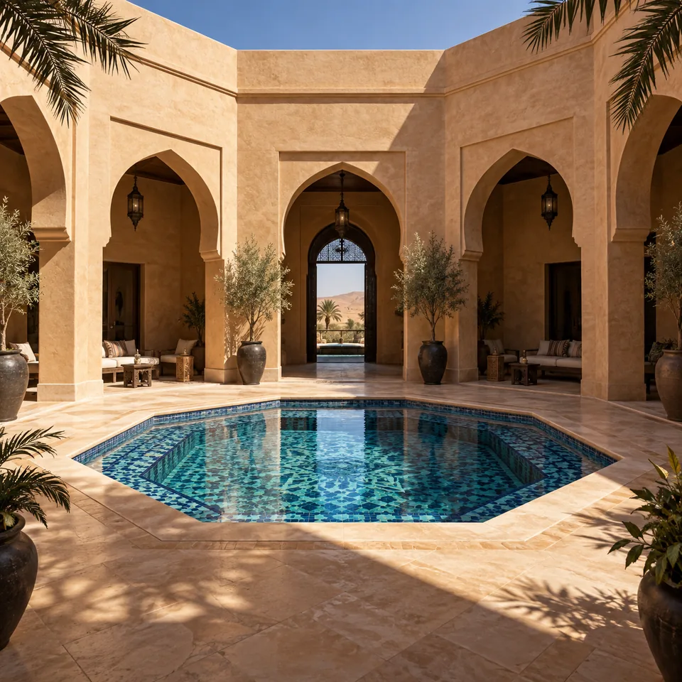 An octagonal desert courtyard with blue tiled pool and deep sandstone shadows, architectural magazine photograph