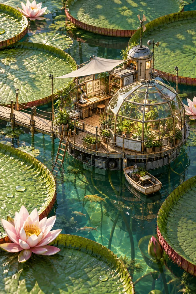 A tiny botanical research station suspended among giant water lilies, intricate isometric illustration