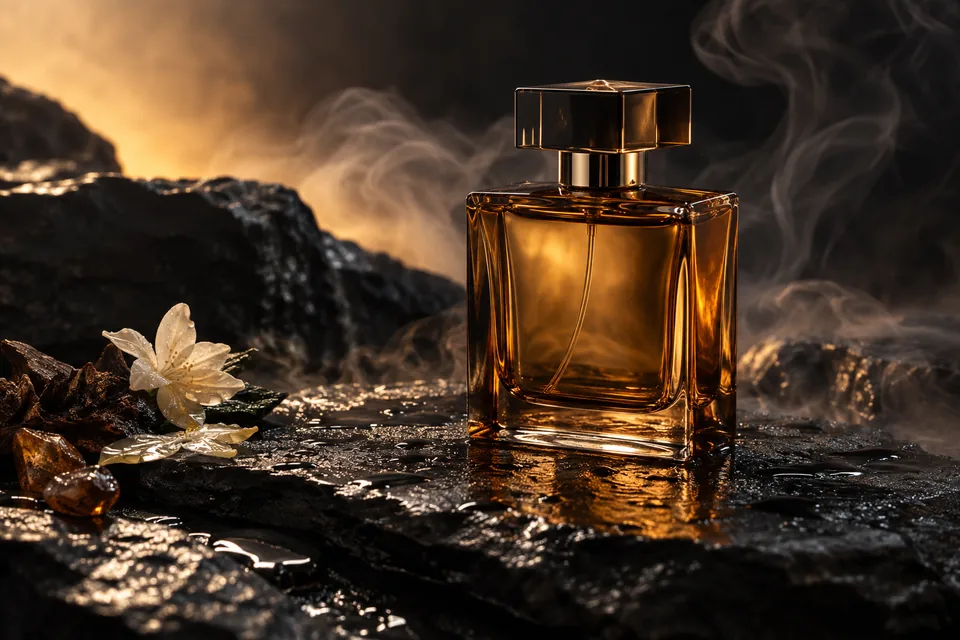 A perfume bottle of translucent amber glass on wet black slate with delicate smoke, premium product photograph