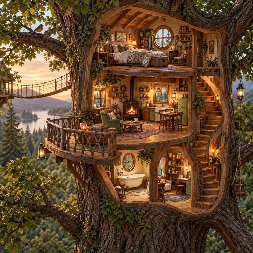 A detailed cross-section illustration of a cozy woodland treehouse with miniature furniture and rooms, no labels