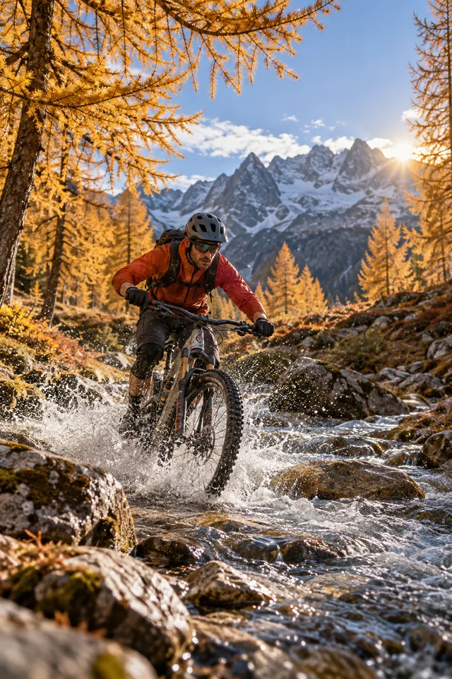 A mountain biker crossing a stream beneath autumn larches, high-speed outdoor campaign photography