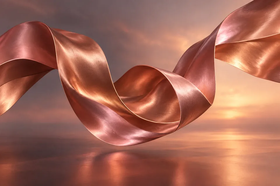 A floating folded silk ribbon reflecting rose and copper light, elegant abstract material study