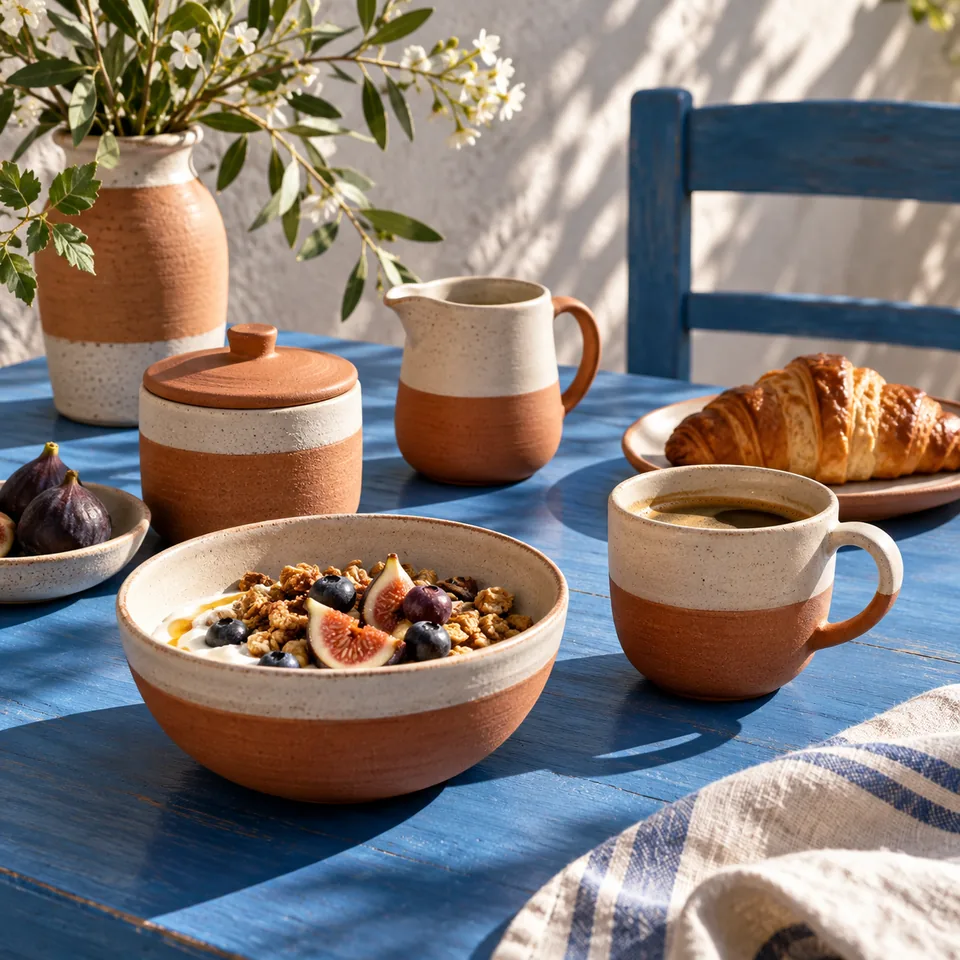 A ceramic breakfast set in terracotta and cream arranged on a sunlit blue table, restrained still life