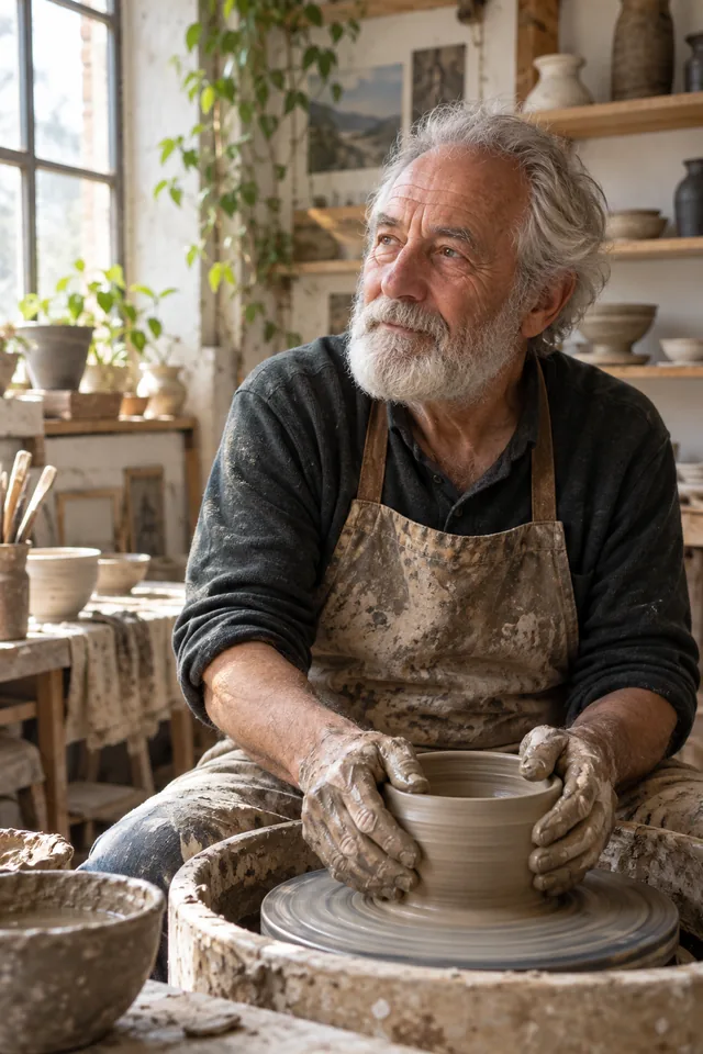 A contemplative elderly potter with clay-covered hands in a bright workshop, honest documentary portrait