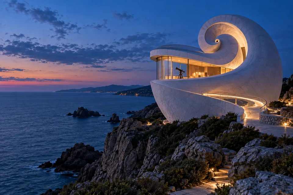 A coastal observatory shaped like a white spiral shell at blue hour, striking architectural photograph