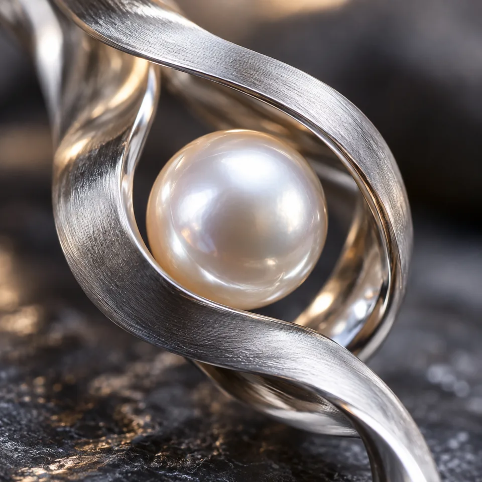 A natural pearl balanced inside a twisted aluminum loop, extreme macro jewelry photograph