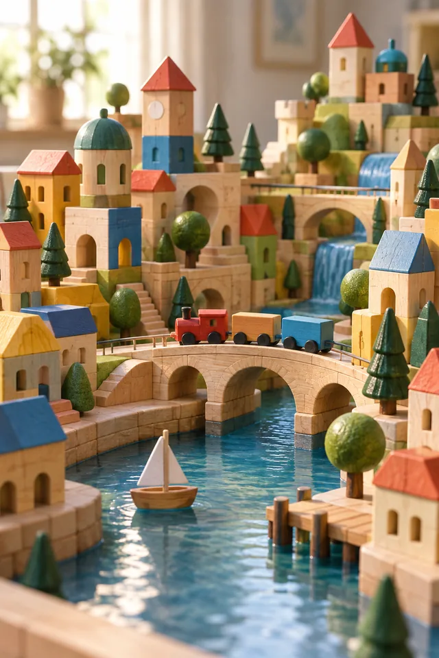 A colorful stacked wooden toy city with bridges and tiny trees, high-detail miniature product photography