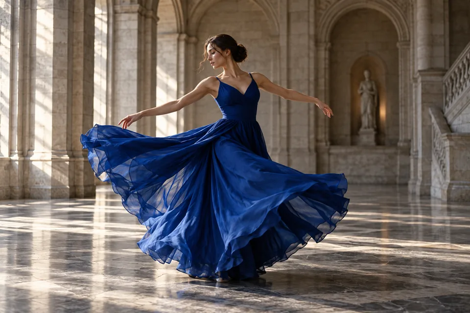 A dancer in a long cobalt dress frozen mid-turn in an empty stone hall, graceful motion editorial